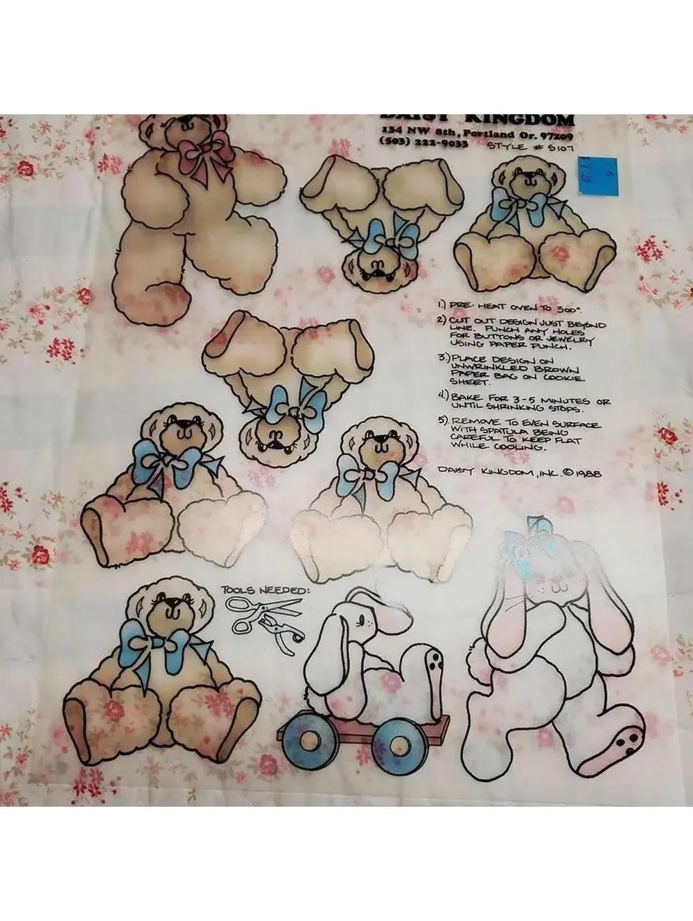 Vintage Daisy Kingdom Shrinky Dinks Fabric Panel Set of 4 Bear & Basket Designs